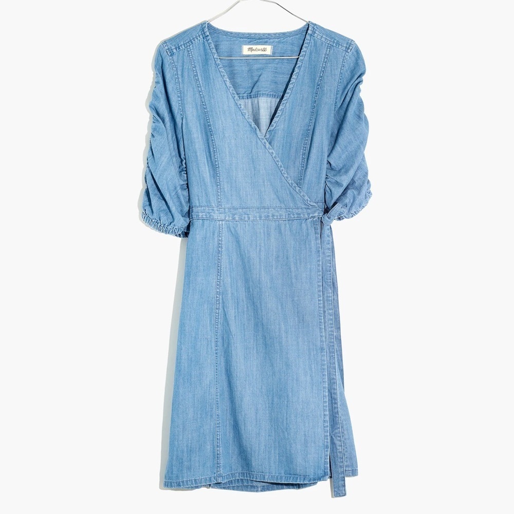 Madewell Denim Shirred-Sleeve Wrap Dress in Elsworth Wash Size XS EUC